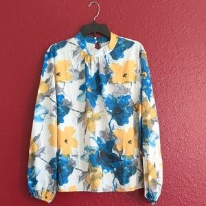 Women Blouse Turquoise/Tropical Print Ruffle Long Sleeves Size XXL